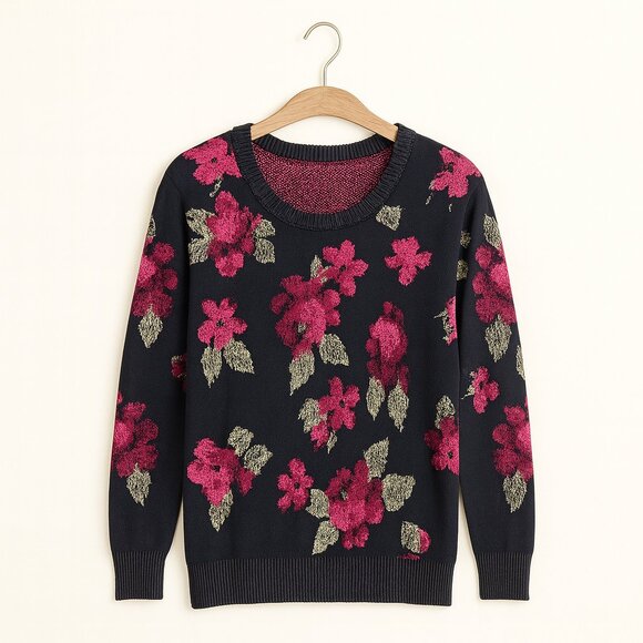 VOLCOM | Black & Pink Scoop Neck Floral Sweater – Women’s Small - Picture 1 of 5